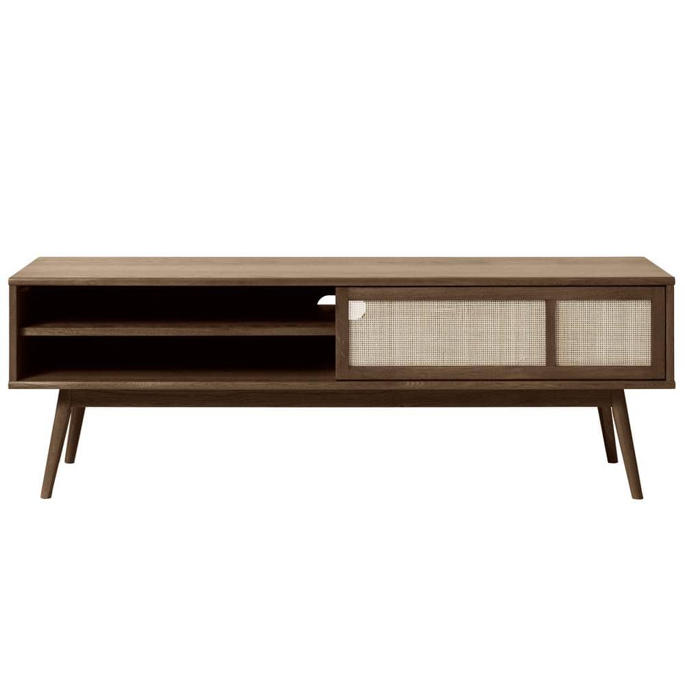 Modern White Oak and Rattan Sliding Door TV Lowboard