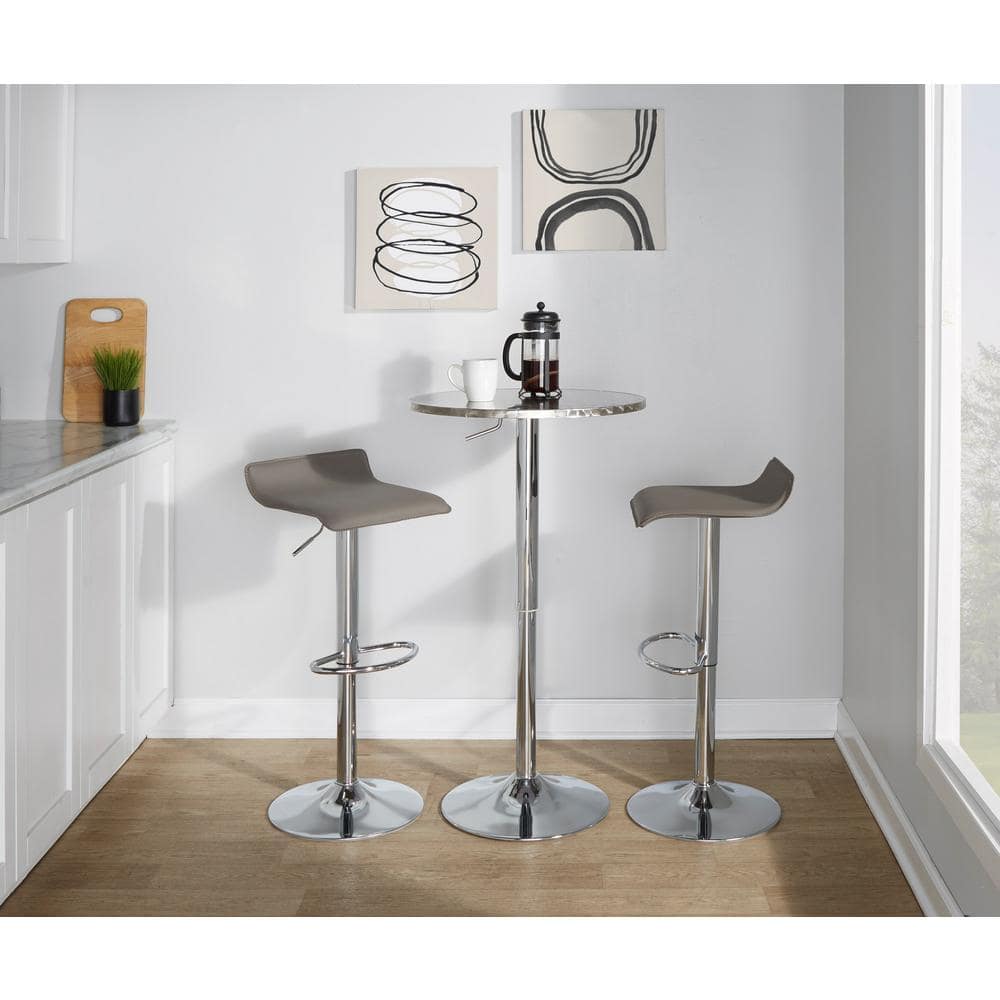 Adjustable Chrome Metal and Grey Faux Leather Bistro Bar Set - 3 Piece