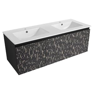 Elegant 47.6 in. W x 18.3 in. D x 17.3 in. H Double Sink Floating Bath Vanity in Black with White Ceramic Top