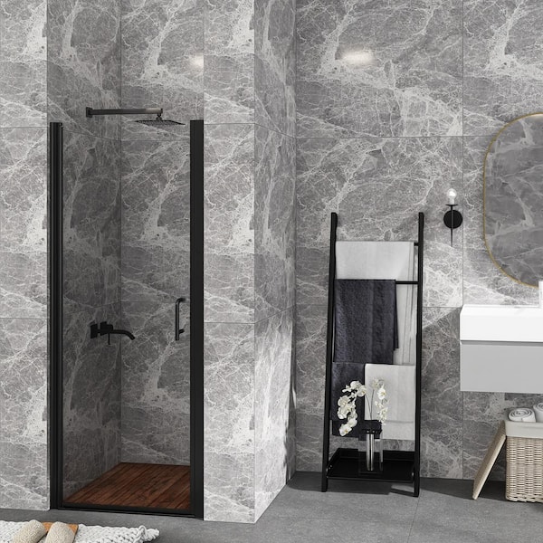 JimsMaison 30 in. W x 72 in. H Pivot Semi-Frameless Shower Door in Black Finish with Clear Glass