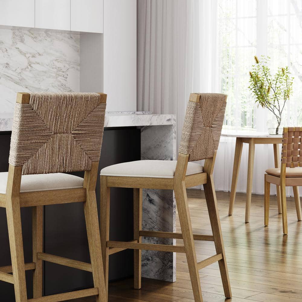Beacon Light Brown Wood Bar Stool with Cream Boucle Upholstery