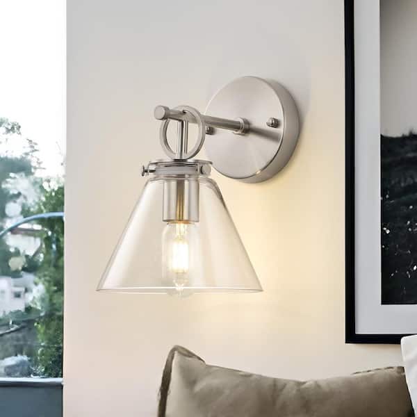 Nafissa 9.25 in. 1-Light Brushed Nickel Wall Light Sconce with Cone Clear Glass Shade for Bathroom Dinning Room Foyer