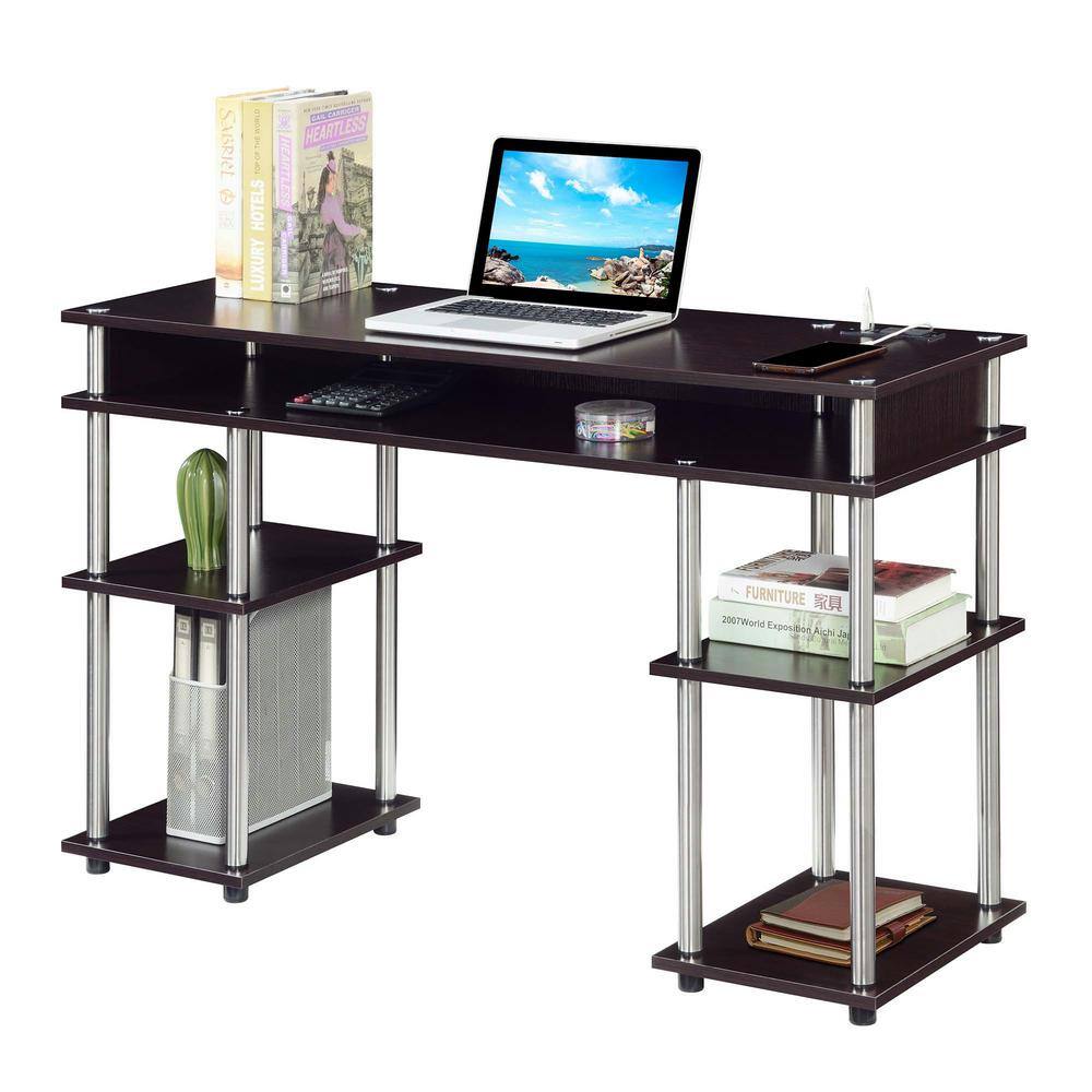 Espresso Modern Writing Desk with USB Charging Station and Shelves