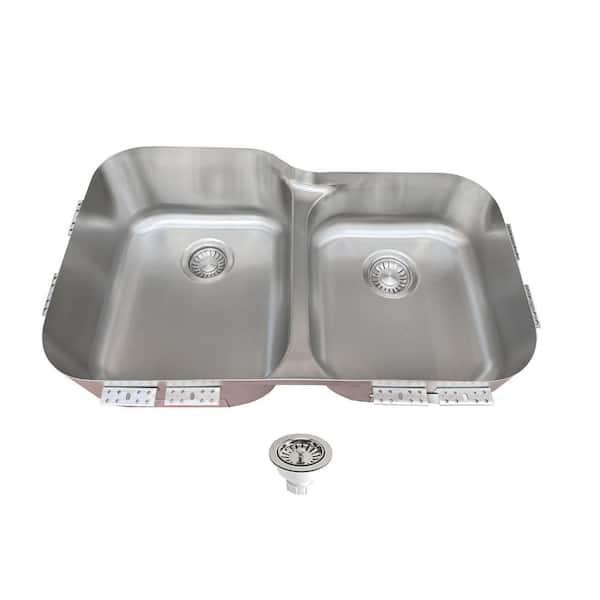 TopZero 18-Gauge Stainless Steel 32 in. Double Bowl Undermount Rimless Kitchen Sink with low-divider