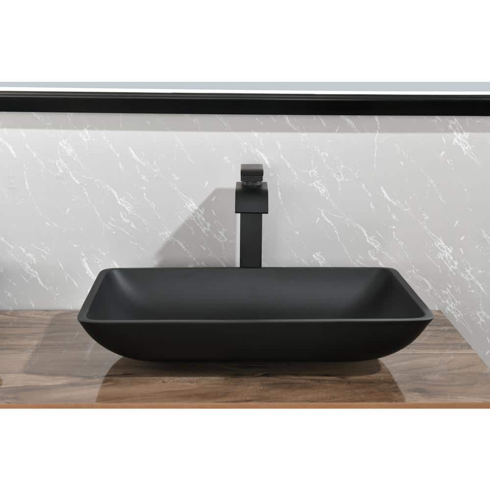 Matte Shell Glass Rectangular Vessel Bathroom Sink in Black with Faucet and