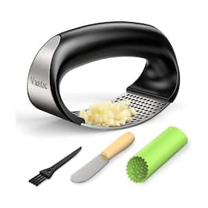 Stainless Steel Garlic Press Rocker Arc Shape Mincer & Crusher Kitchen Tools with Peeler and Scraper, Green