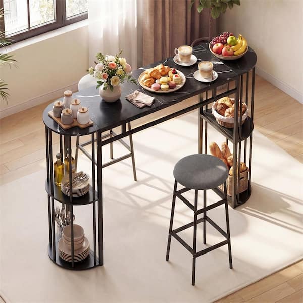 Bar Table Set for 2 with Storage Shelves 42 in. H Dining Table and 2 Upholstered Barstools w/ Faux Marble Tabletop Black