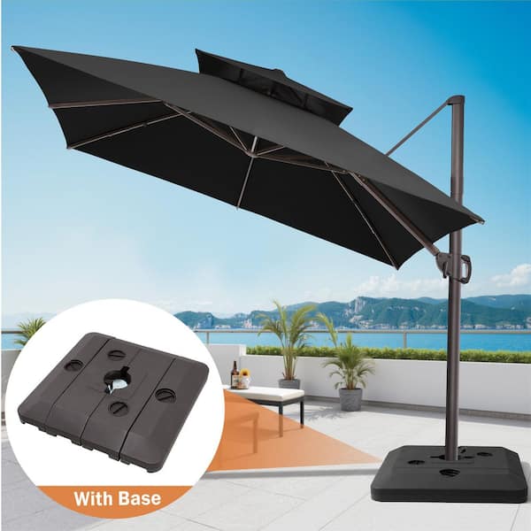 Pellebant Double Top 11 ft. Square Aluminum 360° Rotation Tiltable Cantilever Patio Umbrella in Black with 240 lbs. Square Stand