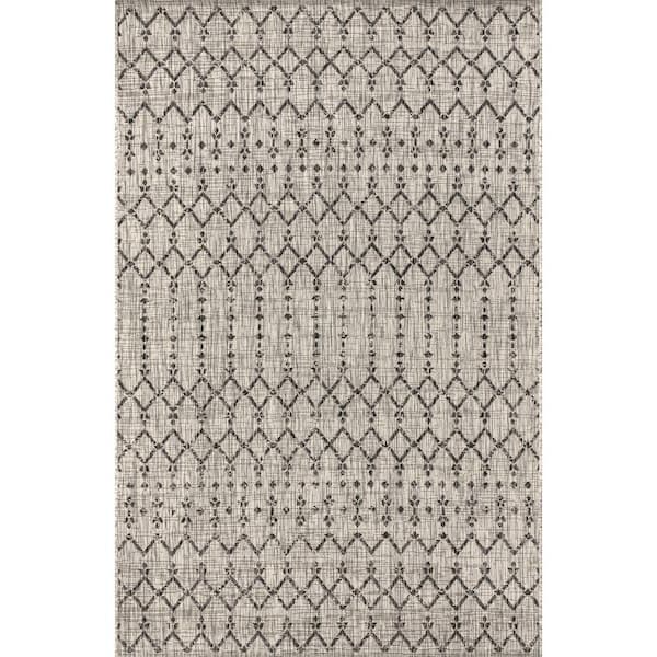 Ourika Moroccan Geometric Textured Weave Light Gray/Black 9 ft. x 12 ft. Indoor/Outdoor Area Rug