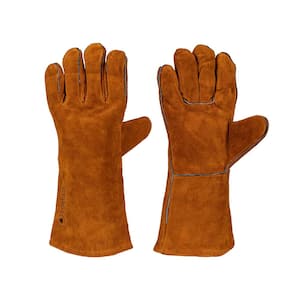 Heat Resistant Barbeque Gloves made of Brown Suede Leather, 1 Size Fits Most