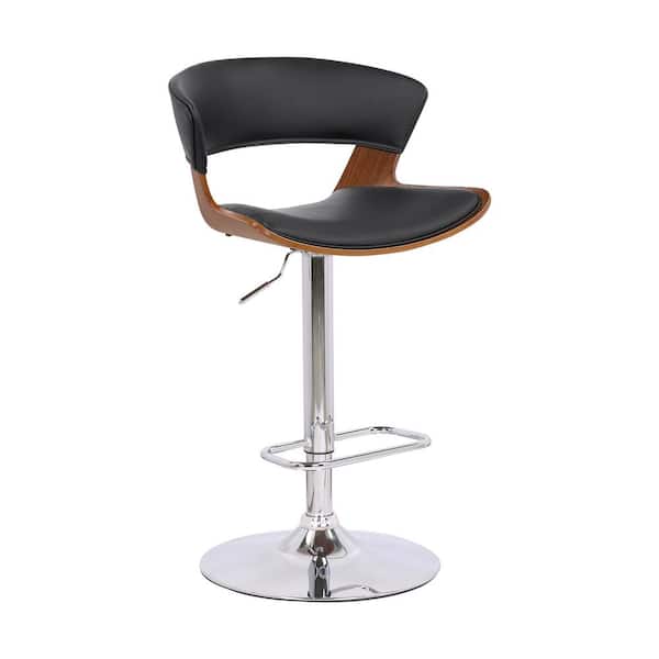 Armen Living Karine 43 in. Adjustable Low Back Swivel Black Faux Leather and Walnut Wood Frame Low Back Bar Stool with Black Base
