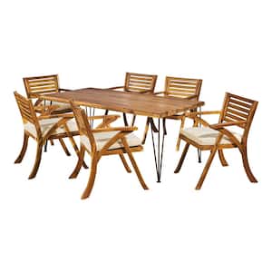 Blaine 29 in. Teak Brown 7-Piece Wood Rectangular Patio Outdoor Dining Set with Cream Cushions