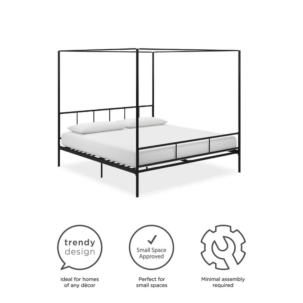 Marion King-Sized Black Metal Frame Canopy Bed with Headboard