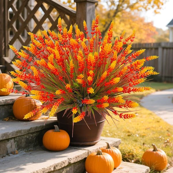 5 in. H Orange Artificial Mums Flowers 20-Piece UV Resistant Outdoor Fake Plants for Home Garden Porch