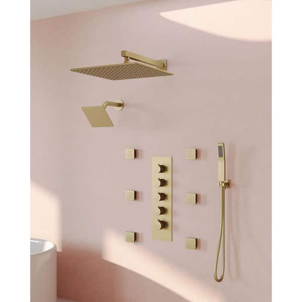 Wall Mount 16 in. and 6 in. 15-Spray Dual Fixed and Handheld Shower Head with Body Jets 2.5 GPM in Brushed Gold