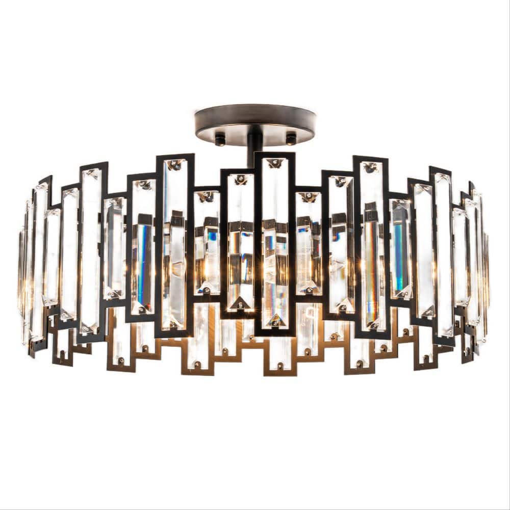 Joey 17.72 in. 3-Light Drum Matte Black Triangular Crystal Semi-Flush Mount Ceiling Light for Bedroom price history on PriceWatchPro