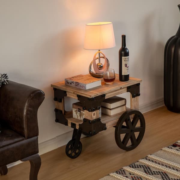 19.75 in. W Brown Square Farmhouse Wagon-Style End Table with Storage Shelf & Rolling Wheels Vintage Wood Accent Table