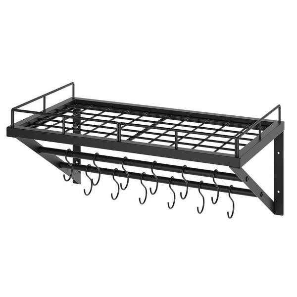 Black 23.8 in. Wall Mounted Metal Pot Rack with 2-Tier Hanging Rails, 12 S-Hooks for Kitchen Cookware Organizer