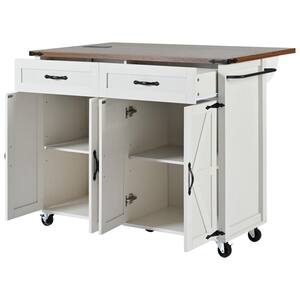 Classic White Wood 53.5 in. Power Outlet Drop Leaf Kitchen Island Rolling Cart with Spice Rack and 2-Drawer