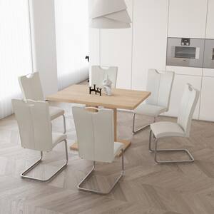 7-Piece Rectangle OAK MDF Table Top Dining Room Set Seating 6 with White Chairs