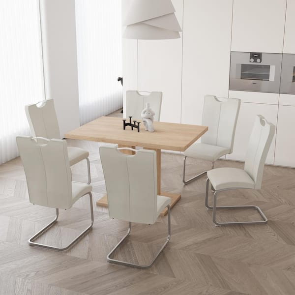 GOJANE 7-Piece Rectangle OAK MDF Table Top Dining Room Set Seating 6 with White Chairs