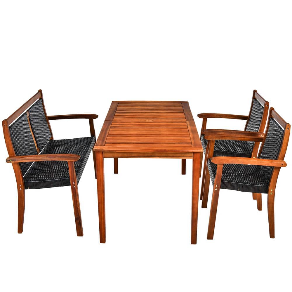 4-Piece Brown Wood and Black Rattan Patio Dining Set