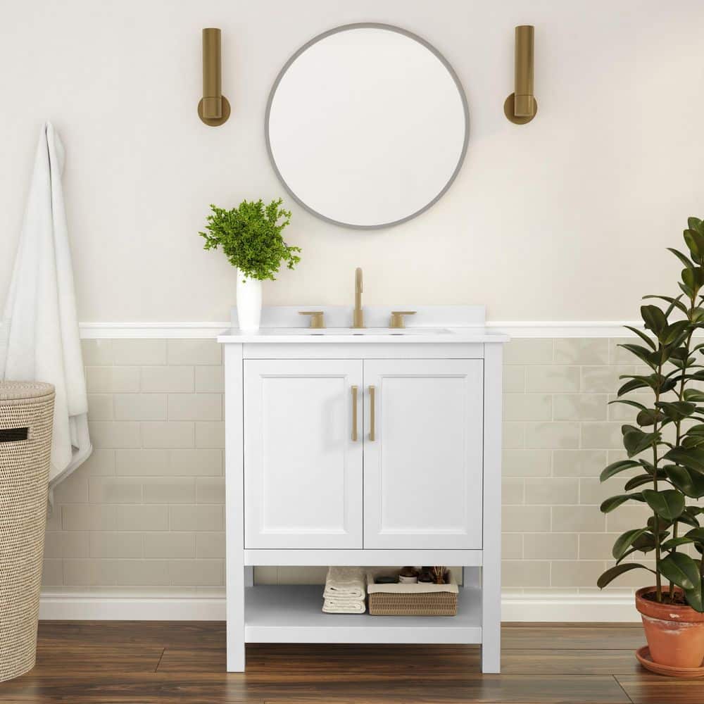 Vega 30 in. Bathroom Vanity with Sink Combo, Storage Cabinet, Carrara White Stone Marble Finish Countertop, White/Gold price history on PriceWatchPro