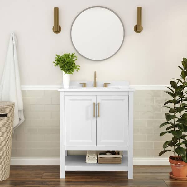 Vega 30 in. Bathroom Vanity with Sink Combo, Storage Cabinet, Carrara White Stone Marble Finish Countertop, White/Gold