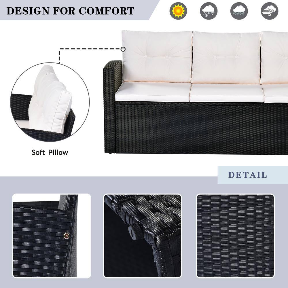 6-Piece Black Steel Frame Outdoor Sectional Sofa Set with Beige Cushions