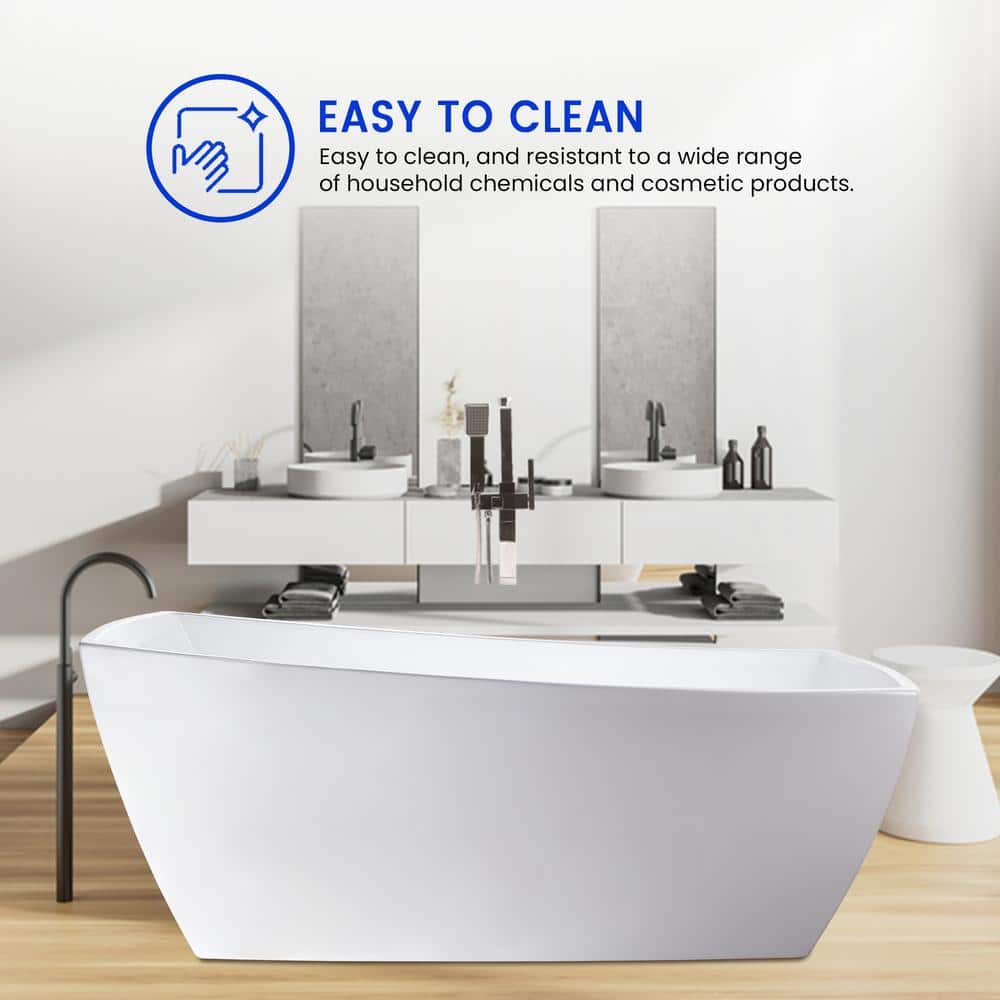 White Acrylic Freestanding Bathtub with Matte Black Drain, 67"