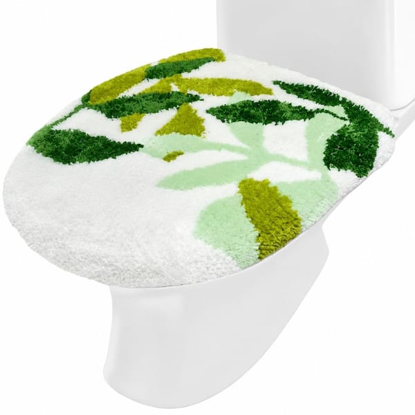 Green Leaves Toilet Lid Cover 17.5 x 15 in. Microfiber Plush Tropical Non-Slip Round Elongated Lid Soft