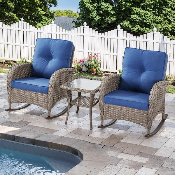 Gymojoy Carlos Gray Wicker Patio 3-Piece Conversation set Outdoor Rocking Chair Glider Rattan Rocker Recliner with Blue Cushions