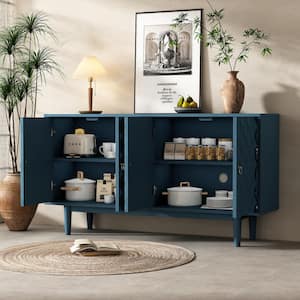 60.7 in. Navy Rectangle MDF Console Table with Convex Pattern Doors and Adjustable Shelves