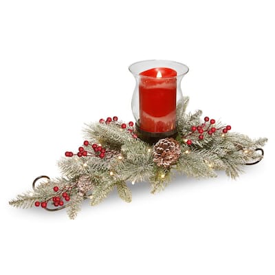 11 in. Snowy Bristle Berry Candle Holder Centerpiece with Battery Operated LED Lights