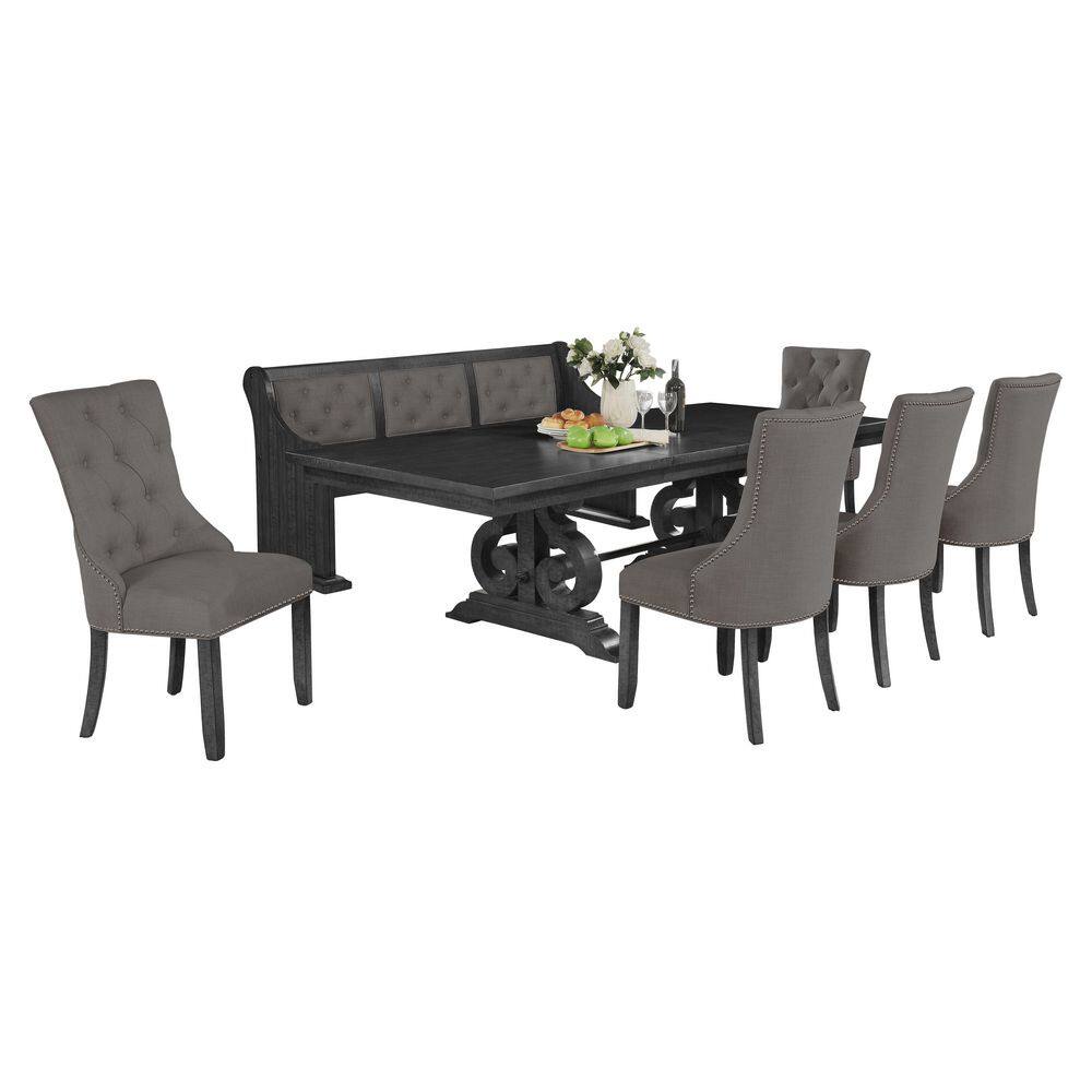 Dark Gray Wood Extendable Dining Set with Gray Linen Chairs and Bench
