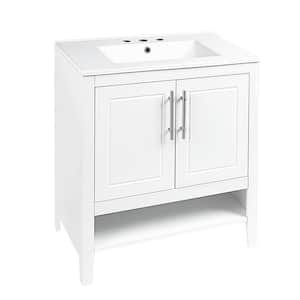 30.00 in. W x 18.30 in. D x 33.00 in. H Freestanding Bath Vanity in White with White Ceramic Top, Doors and Drawers