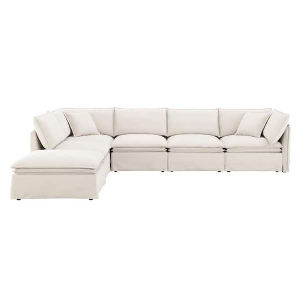 125.5 in. 6-Piece Modular Chenille L-Shaped with Movable Ottoman, Free Combination Sectional Sofa in Off White