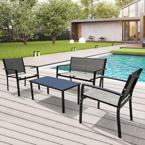4 Piece Outdoor Garden Metal Patio Conversation Sets Poolside Lawn Chairs with Glass Coffee Table-Gray