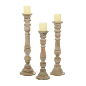 Brown Mango Wood Candle Holder with Turned Style (Set of 3)