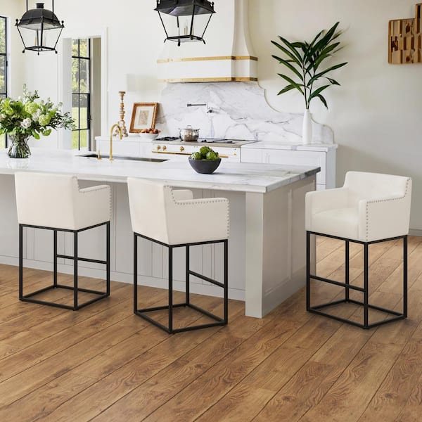 LUE BONA Hampton 30 in. Beige Modern Linen Upholstered Bar Stool Square Metal Frame Counter Height Bar Stool (Set of 3)