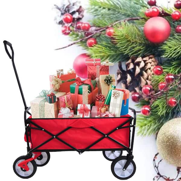 3.6 cu. ft. Folding Wagon, Metal Garden Cart, Shopping Beach, with Brake, Red