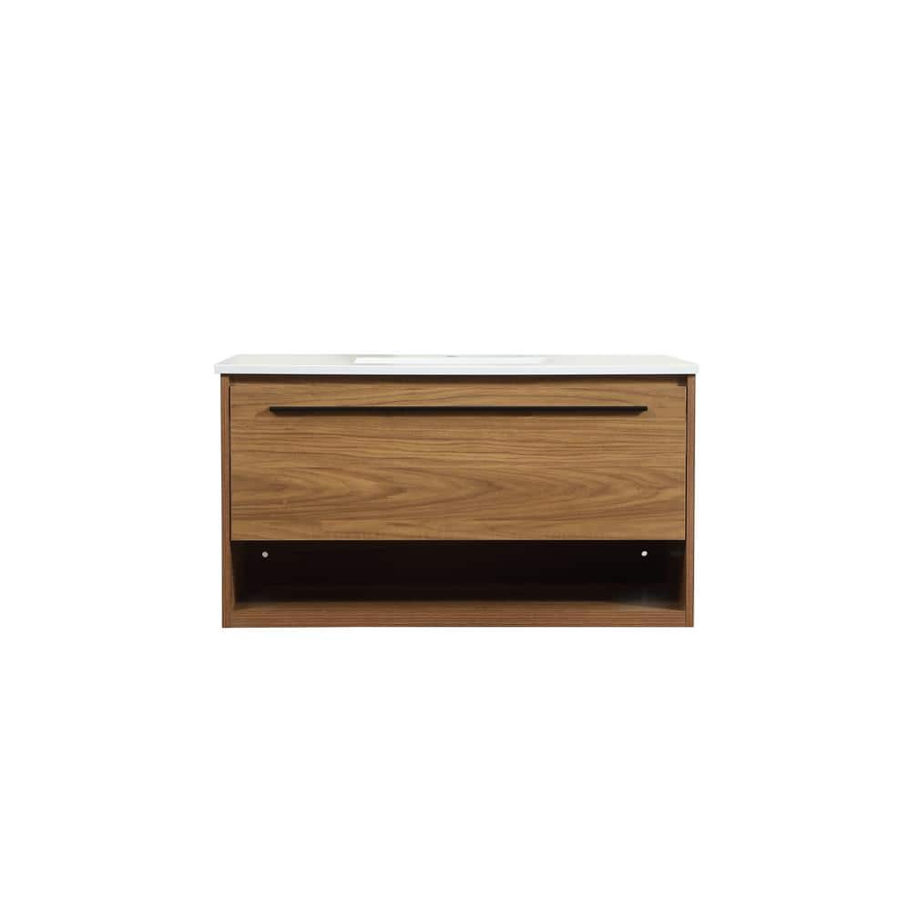 Simply Living 36 in. Single Bathroom Vanity in Walnut Brown with Quartz Van