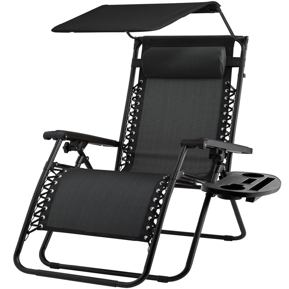 Folding Recline Steel Outdoor Lounge Chair in Black with Canopy and ...