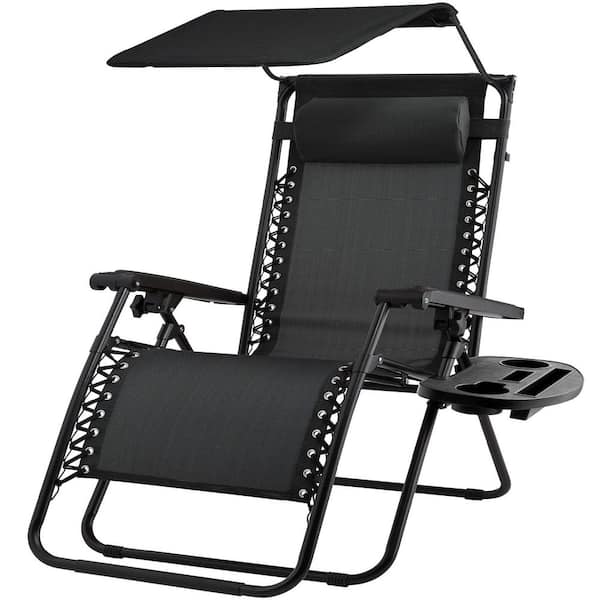 Unbranded Folding Recline Steel Outdoor Lounge Chair in Black with Canopy and Side Tray