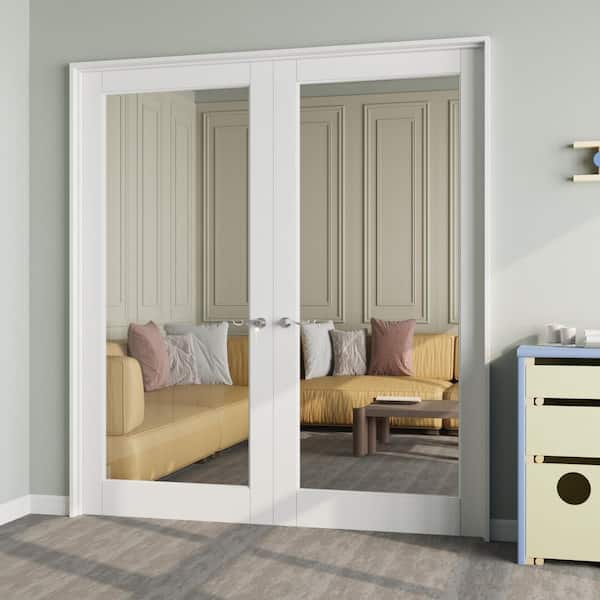 72 in. x 80 in. 1-Lite Clear Glass Universal White Solid Core Glass Double Prehung French Door+ Quick Assemble Jamb