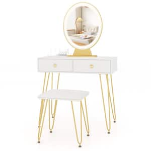 White Vanity Makeup Dressing Table Bench with 3 Lighting Modes