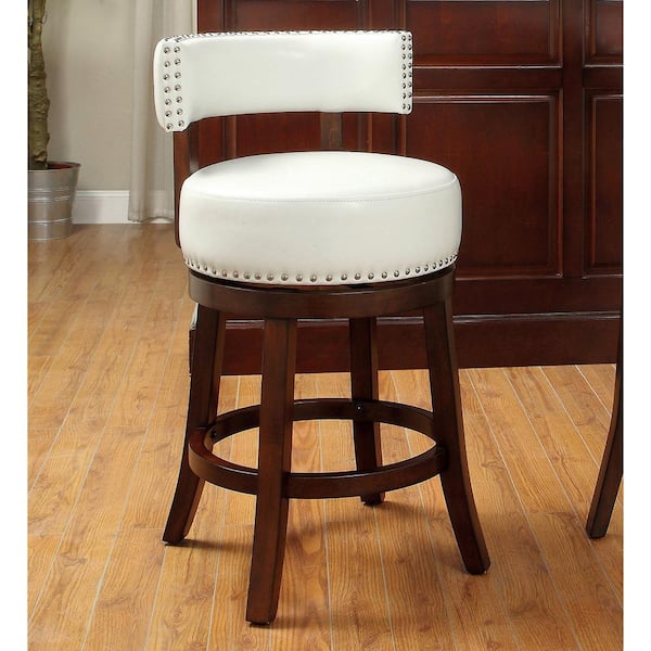 Furniture of America Swarthmore 25 in. Dark Oak and White Faux Leather Low Back Wood Swivel Bar Stool with Nailhead Trim (Set of 2)