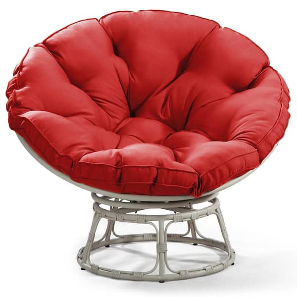 Zeus & Ruta Outdoor Wicker Lounge Chair 360 Degree Swivel Base, Large Saucer Chair Round Egg Chair with Red Cushion for Garden