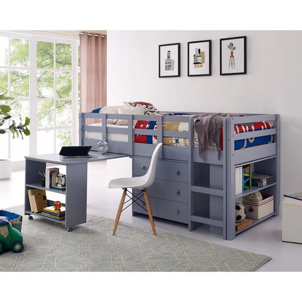 Twin Loft Bed with Desk, Low Study Loft Bed for Kids, Storage Cabinet, Ladder & Bookcase Shelf in Gray