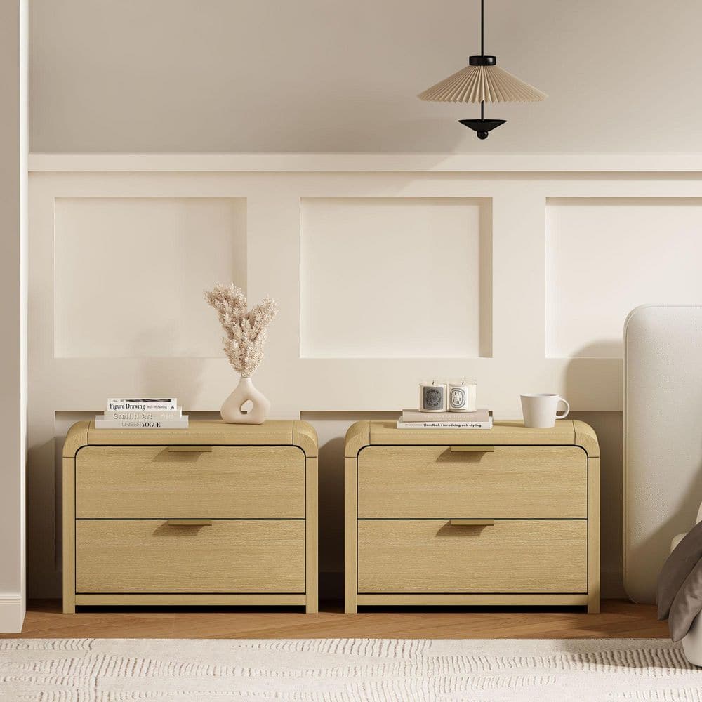 Grace Modern Natural Oak and Gold 2-Drawer 28 in. W Nightstand (Set of 2)